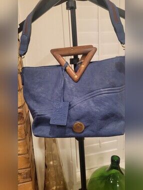 Women’s Blue Leather Satchel with Wooden Accent